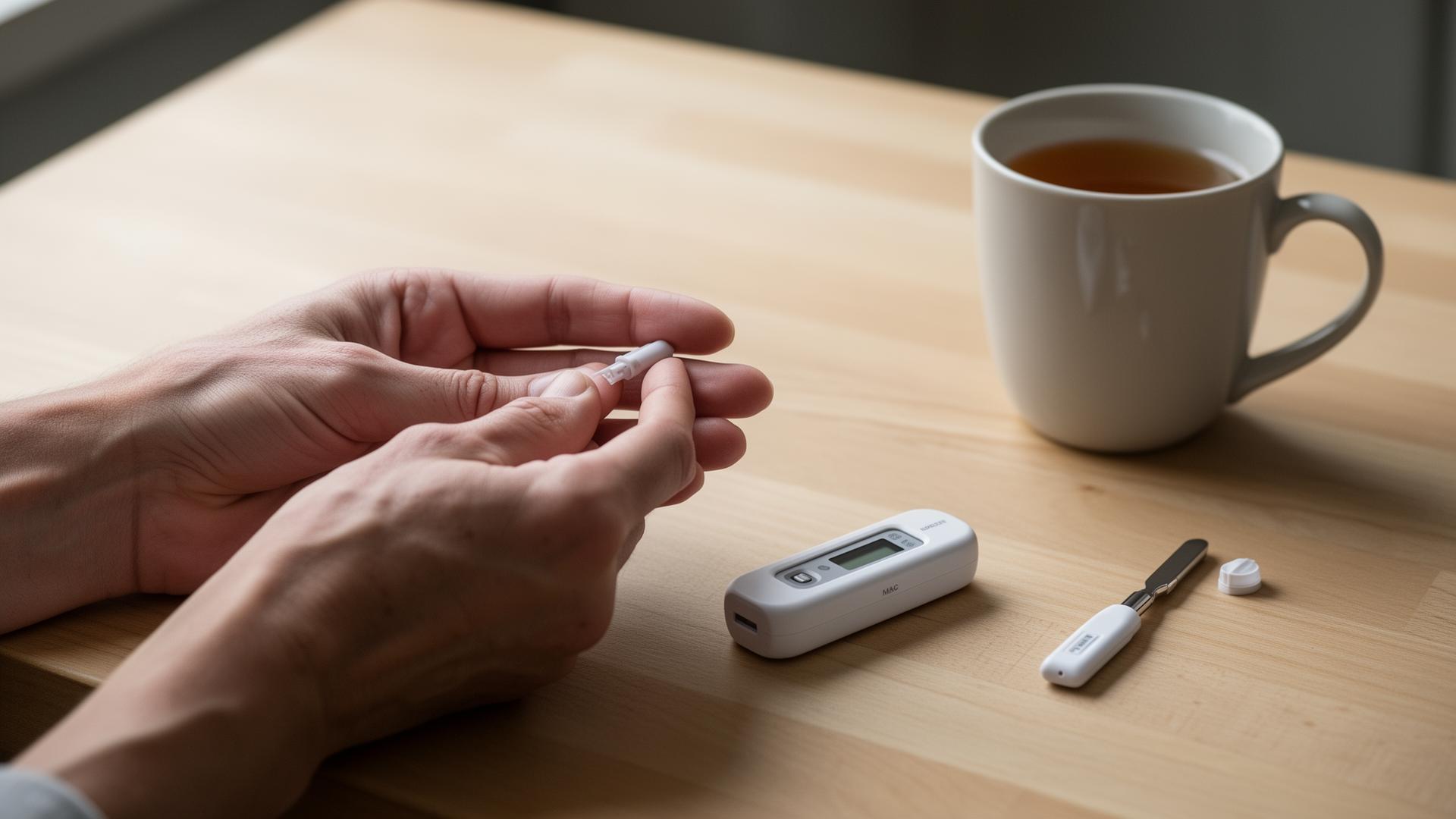 Hands at a kitchen table preparing an at-home finger-prick blood test